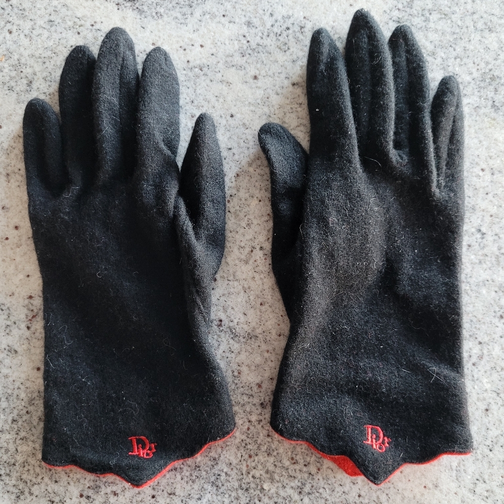 Christian Dior Black Cashmere Gloves with Red Trim